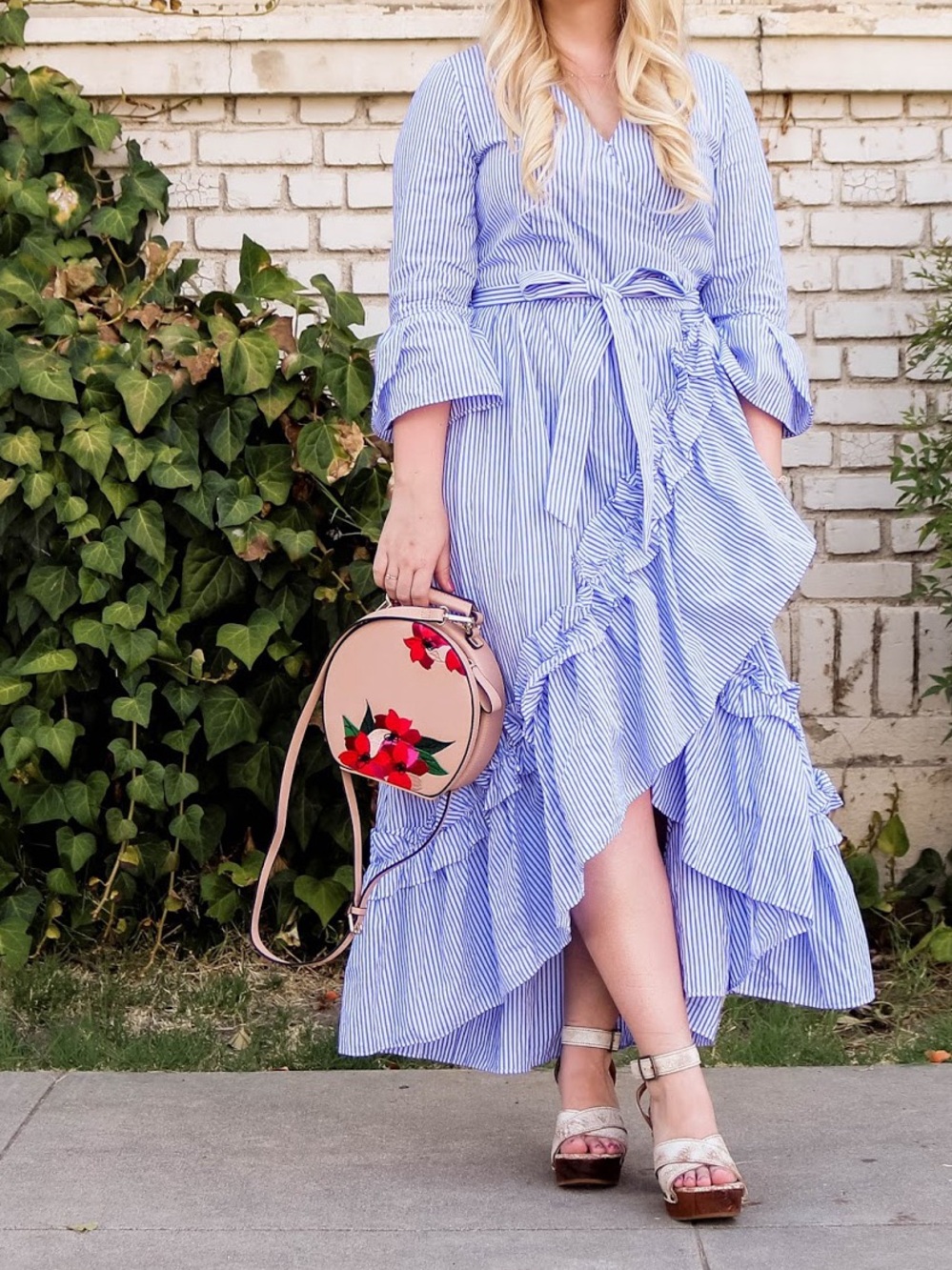 Striped Blue Wrap Dress with ruffles